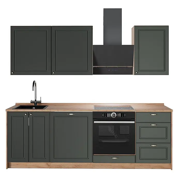 Vicco Küchenzeile Fame-Line, Grün-Gold Landhaus/Goldkraft Eiche, 230 cm -  - Dunkelgraue Küchenzeile mit Holzdetails, bestehend aus Ober- und Unterschränken, Dunstabzugshaube, Spüle, Backofen und Induktionskochfeld.