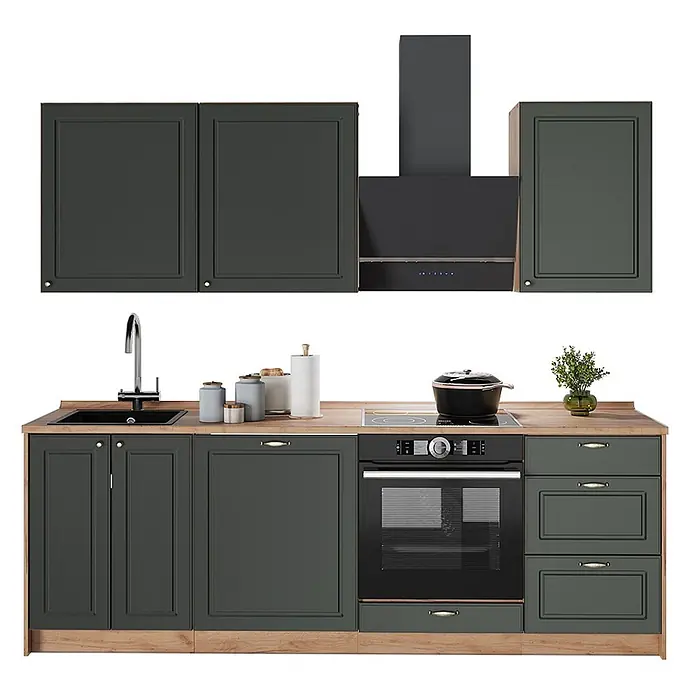 Vicco Küchenzeile Fame-Line, Grün-Gold Landhaus/Goldkraft Eiche, 230 cm -  - Dunkelgraue Küche mit Holzdetails, inkl. Ober-/Unterschränken, Spüle, Ofen und Dunstabzugshaube.