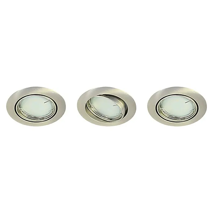 Tween Light LED-Einbauleuchten-Set - 9,6 W, Nickel matt, Warmweiß, IP44 - Nahaufnahme von drei Deckenstrahlern aus gebürstetem Nickel, die ein modernes Beleuchtungsdesign zeigen.