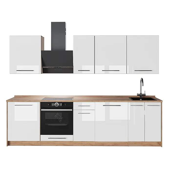 Vicco Küchenzeile - Breite: 280 cm, Weiß Hochglanz, Ohne Elektrogeräte - Moderne Küche mit weißen Hochglanzschränken, Arbeitsplatte in Holzoptik, integriertem Backofen, Kochfeld, Spüle und Dunstabzugshaube.