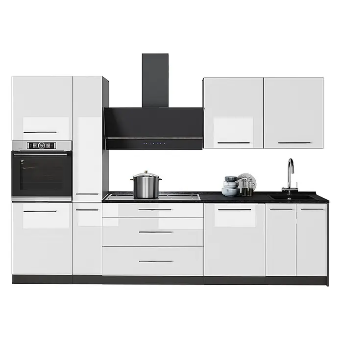 Vicco Küchenzeile - Breite: 310 cm, Weiß Hochglanz, Ohne Elektrogeräte - Moderne Küche mit weißen Hochglanzschränken, schwarzer Arbeitsplatte und integrierten schwarzen Geräten wie Backofen, Kochfeld, Dunstabzugshaube und Spüle.