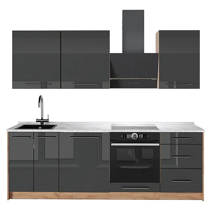 Vicco Küchenzeile Fame-Line, Anthrazit Hochglanz/Goldkraft Eiche, 230 cm -  - Moderne dunkelgraue Hochglanzküche mit heller Marmoroptik-Arbeitsplatte, Holzsockel, Spüle, Kochfeld, Backofen und Dunstabzugshaube.