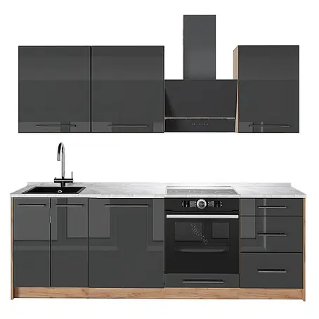 Vicco Küchenzeile Fame-Line, Anthrazit Hochglanz/Goldkraft Eiche, 230 cm