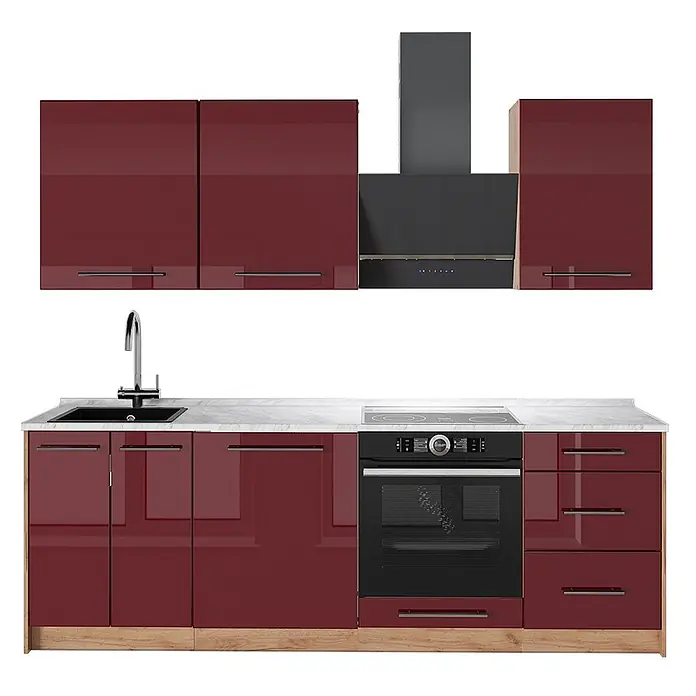 Vicco Küchenzeile - Breite: 230 cm, Bordeaux Hochglanz, Ohne Elektrogeräte - Moderne Küchenzeile mit glänzenden weinroten Schränken, integriertem Ofen, Kochfeld, Spüle und Dunstabzugshaube, mit heller Arbeitsplatte.