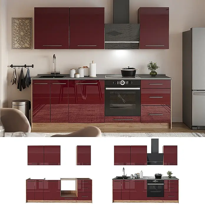 Vicco Küchenzeile - Breite: 230 cm, Bordeaux Hochglanz, Ohne Elektrogeräte - Moderne hochglänzende bordeauxrote Küchenzeile mit dunkelgrauer Arbeitsplatte und integriertem Ofen.