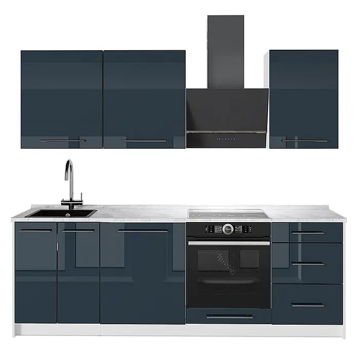 Vicco Küchenzeile Fame-Line, Dunkelblau Hochglanz/Weiß, 230 cm -  - Glänzende dunkelblaue Küchenzeile mit weißer Arbeitsplatte, Spüle, Kochfeld, Backofen und Dunstabzugshaube.