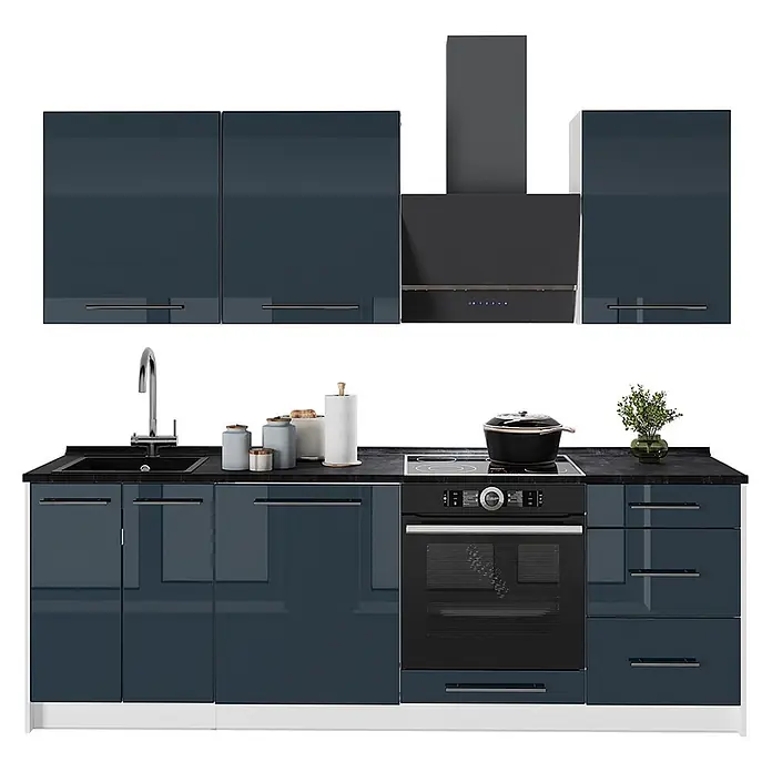 Vicco Küchenzeile Fame-Line, Dunkelblau Hochglanz/Weiß, 230 cm -  - Moderne modulare Küchenzeile mit glänzenden dunkelblauen Schränken, schwarzer Arbeitsplatte, Spüle, Kochfeld, Backofen und Dunstabzugshaube.