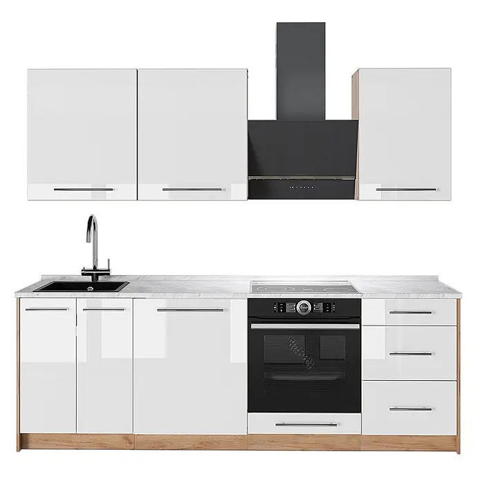 Vicco Küchenzeile Fame-Line, Weiß Hochglanz/Goldkraft Eiche, 230 cm -  - Moderne Küchenzeile mit weißen Hochglanzschränken, heller Arbeitsplatte, schwarzer Spüle, Kochfeld, Backofen und Dunstabzugshaube.
