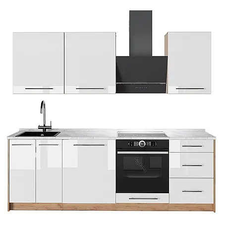 Vicco Küchenzeile Fame-Line, Weiß Hochglanz/Goldkraft Eiche, 230 cm