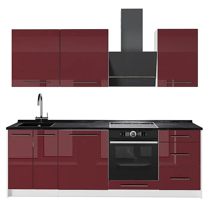 Vicco Küchenzeile Fame-Line, Bordeaux Hochglanz/Weiß, 230 cm -  - Glänzende rote Küchenzeile mit schwarzer Arbeitsplatte, Spüle, Backofen, Kochfeld und Dunstabzugshaube.
