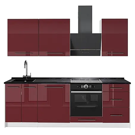 Vicco Küchenzeile Fame-Line, Bordeaux Hochglanz/Weiß, 230 cm