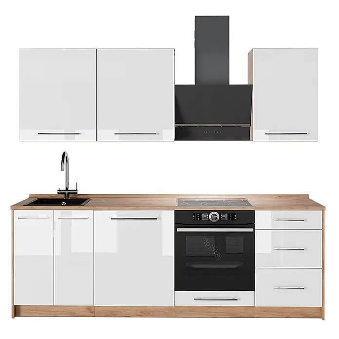 Vicco Küchenzeile - Breite: 230 cm, Weiß Hochglanz, Ohne Elektrogeräte - Glänzende weiße Küchenzeile mit Holzplatte, schwarzer Spüle, Kochfeld, Ofen und Dunstabzugshaube.