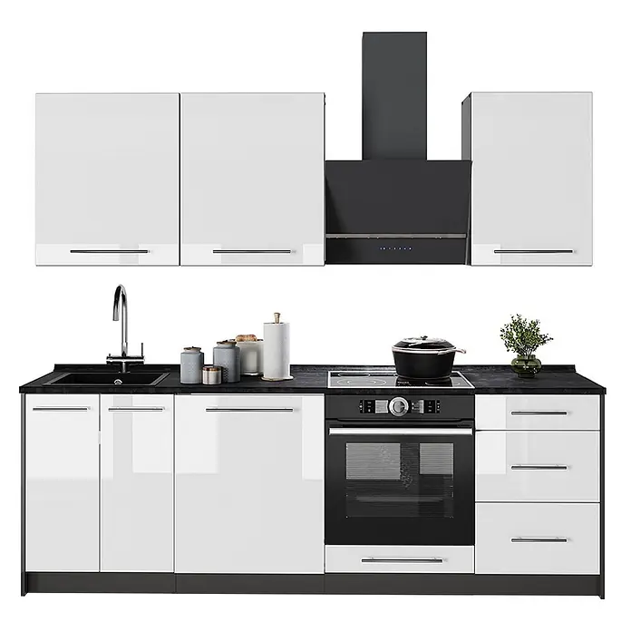 Vicco Küchenzeile Fame-Line, Weiß Hochglanz/Anthrazit, 230 cm -  - Weiße Hochglanzküchenzeile mit schwarzer Arbeitsplatte, Spüle, Kochfeld, Backofen und Dunstabzugshaube.