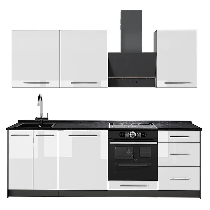 Vicco Küchenzeile Fame-Line, Weiß Hochglanz/Anthrazit, 230 cm -  - Moderne weiße Küchenzeile mit dunkelgrauer Arbeitsplatte, Spüle, integriertem Backofen, Kochfeld und passender Dunstabzugshaube.