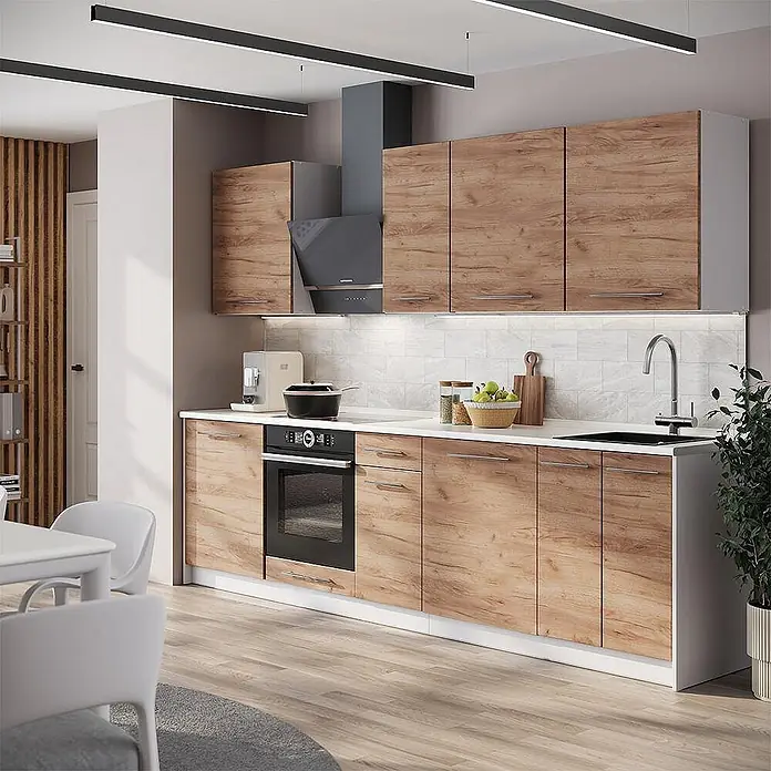 Küchenzeile Fame-Line 280 cm Goldkraft Eiche Art.-Nr. 62948 -  - Moderne Küche mit holzfarbenen Schränken, weißen Arbeitsplatten und integrierten Geräten in einem offenen Wohnbereich.