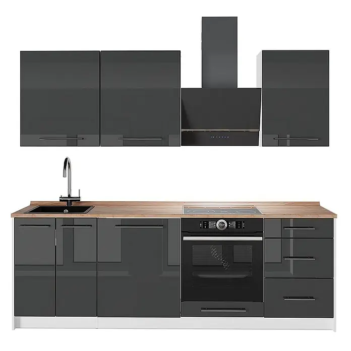 Vicco Küchenzeile Fame-Line, Anthrazit Hochglanz/Weiß, 230 cm -  - Moderne dunkelgraue Hochglanzküchenzeile mit Holzplatte, schwarzem Spülbecken, Chromarmatur, Induktionskochfeld und Einbaubackofen.
