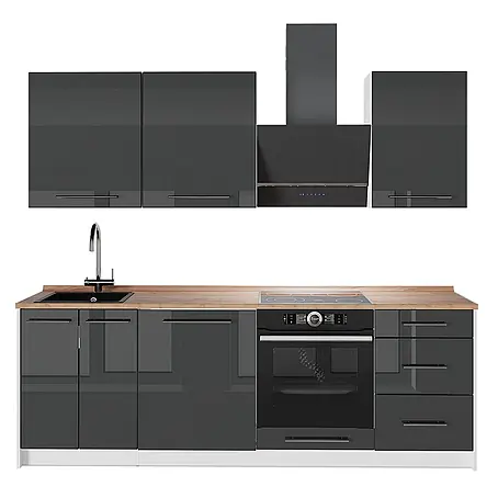 Vicco Küchenzeile Fame-Line, Anthrazit Hochglanz/Weiß, 230 cm
