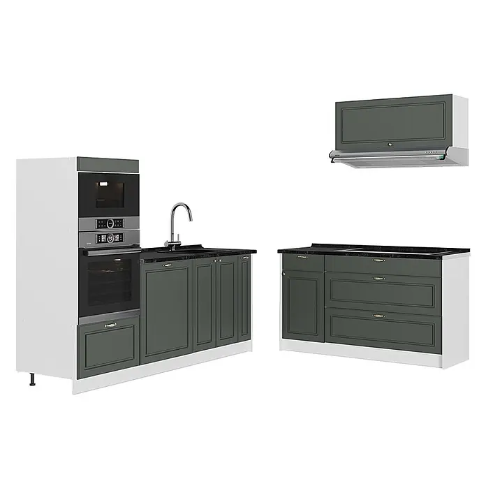 Vicco Küchenzeile - Breite: 340 cm, Grün-Gold Landhaus, Ohne Elektrogeräte - Dunkelgraue klassische Küchenzeile mit Einbaugeräten, Spüle, Unterschränken und passendem Hängeschrank mit Dunstabzugshaube.