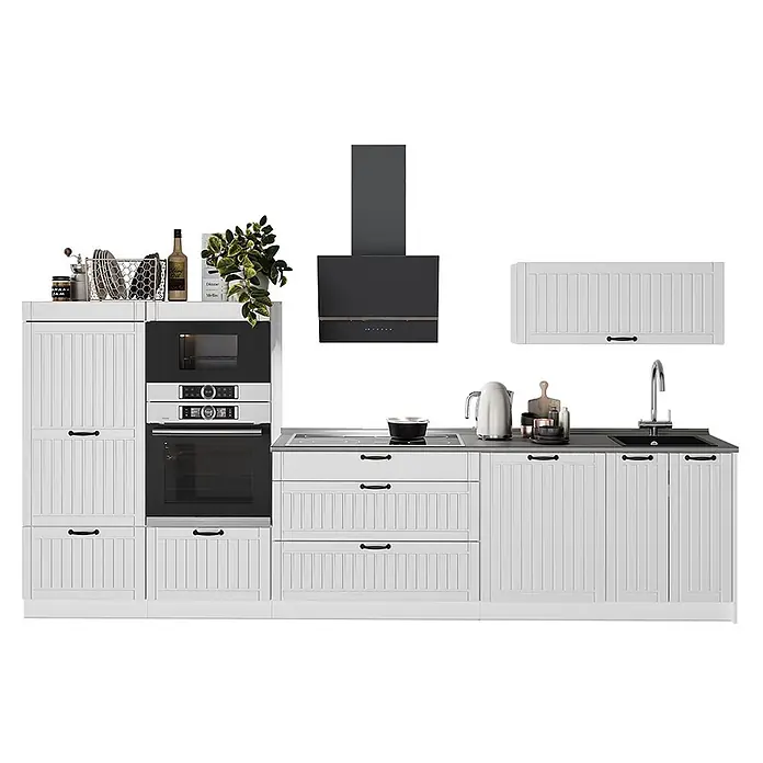 Vicco Küchenzeile - Breite: 340 cm, Weiß Landhaus, Ohne Elektrogeräte - Moderne weiße Küchenzeile mit schwarzen Geräten, dunkler Arbeitsplatte und passendem Hängeschrank.