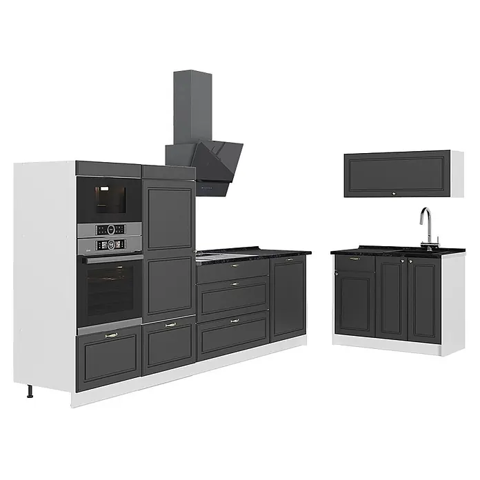Vicco Küchenzeile - Breite: 380 cm, Anthrazit-Gold Landhaus, Ohne Elektrogeräte - Dunkelgraues und weißes Küchenmodul-Set mit integriertem Backofen, Mikrowelle, Spüle und Dunstabzugshaube.