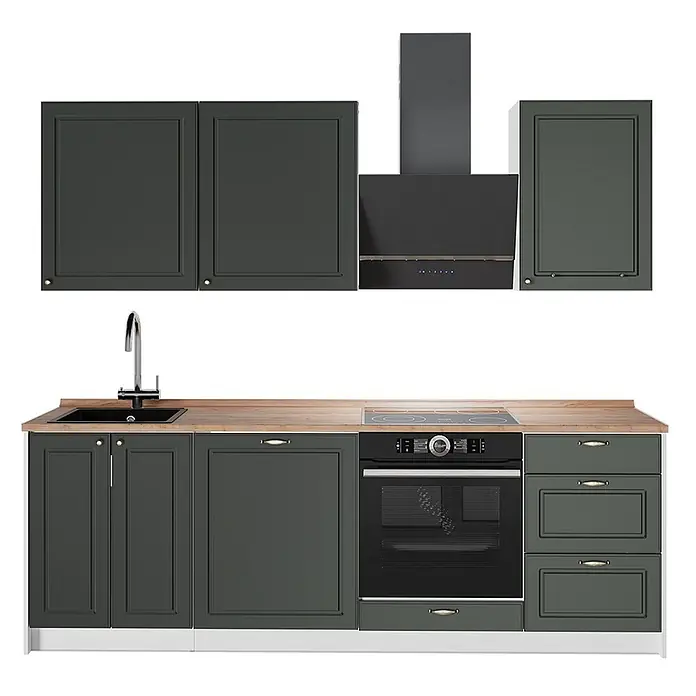 Vicco Küchenzeile Fame-Line, Grün-Gold Landhaus/Weiß, 230 cm -  - Moderne dunkelgrüne Küche mit Arbeitsplatte in Holzoptik, integrierter Spüle, Kochfeld, Backofen und Dunstabzugshaube.