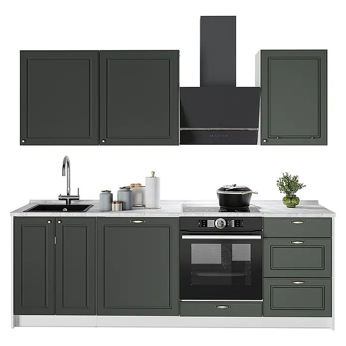 Vicco Küchenzeile Fame-Line, Grün-Gold Landhaus/Weiß, 230 cm -  - Modernes dunkelgrünes Küchenset mit weißer Arbeitsplatte, schwarzem Spülbecken, Backofen, Kochfeld und Dunstabzugshaube.