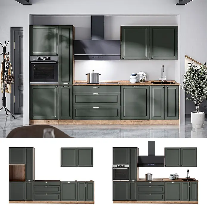 Vicco Küchenzeile - Breite: 310 cm, Grün-Gold Landhaus, Ohne Elektrogeräte - Dunkelgrüne modulare Küche mit Holz-Arbeitsplatte, integriertem Backofen, Kochfeld und Spüle.