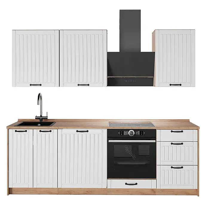 Vicco Küchenzeile - Breite: 230 cm, Weiß Landhaus, Ohne Elektrogeräte - Moderne Modulküche mit weißen Lamellenschränken, Holzoptik-Arbeitsplatte, schwarzer Spüle, Backofen, Kochfeld und Dunstabzugshaube.