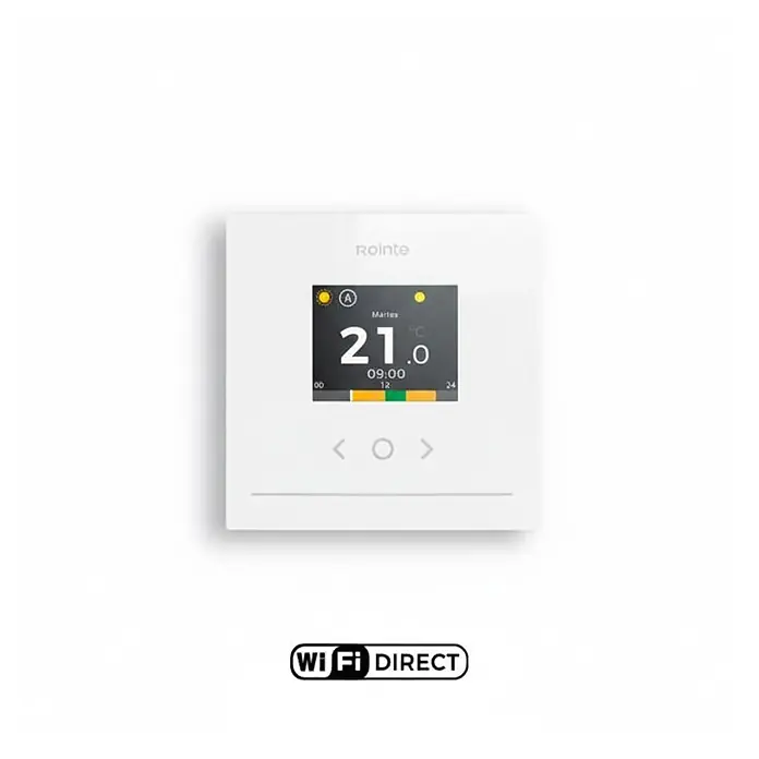Termostato digital Genius - An x Al: 8,6 x 8,6 cm, Blanco - Termostato inteligente Rointe blanco con pantalla digital que muestra temperatura y hora, con logo 'Wi-Fi DIRECT'.