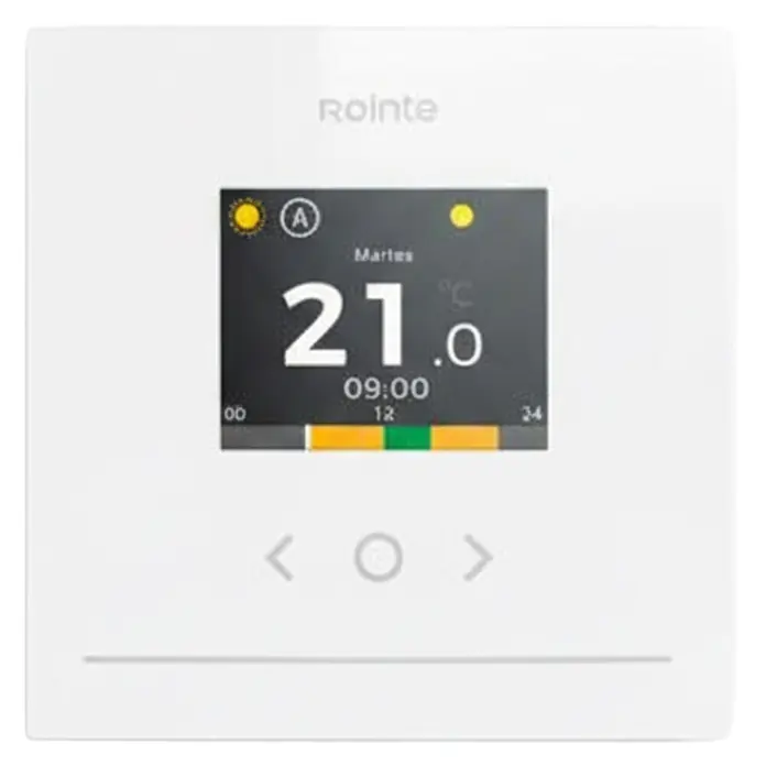 Termostato digital Genius - An x Al: 8,6 x 8,6 cm, Blanco - Termostato inteligente Rointe blanco con pantalla digital negra que muestra 21,0 °C, hora, día y una línea de tiempo de colores, con controles táctiles debajo.