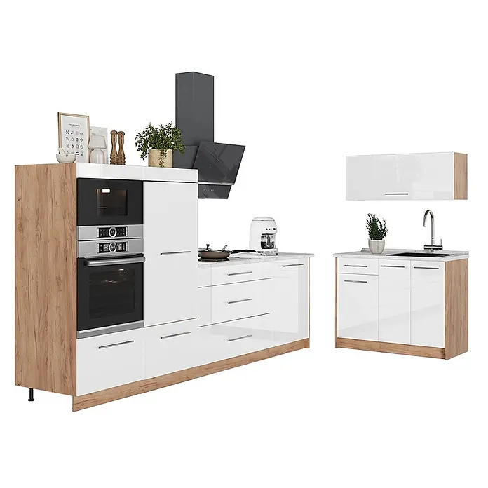 Küchenzeile Fame-Line 380 cm Weiß Hochglanz Art.-Nr. 64109 -  - Moderne Küchenzeile mit hochglänzenden weißen Schränken, hellen Holzakzenten, integriertem Backofen, Mikrowelle, Kochfeld und Spüle.