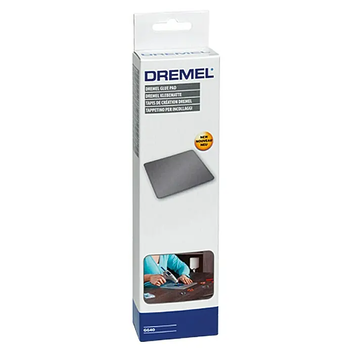 Dremel Klebematte GG 40 - 20 x 20 mm - Produktverpackung für die Dremel Klebematte, ein unverzichtbares Zubehör für Bastel- und Klebearbeiten, dargestellt.