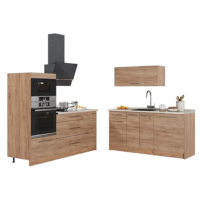Küchenzeile Fame-Line 340 cm Goldkraft Eiche Art.-Nr. 63701 -  - Modulare Küchenzeile in heller Holzoptik mit integriertem Backofen, Mikrowelle, Kochfeld, Dunstabzugshaube und Spüle.