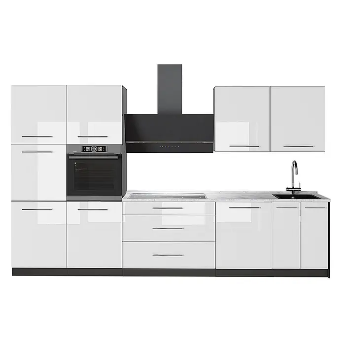 Vicco Küchenzeile - Breite: 340 cm, Weiß Hochglanz, Ohne Elektrogeräte - Moderne weiße Hochglanzküche mit dunklem Sockel, integriertem Backofen, Dunstabzugshaube, Induktionskochfeld und Spüle.