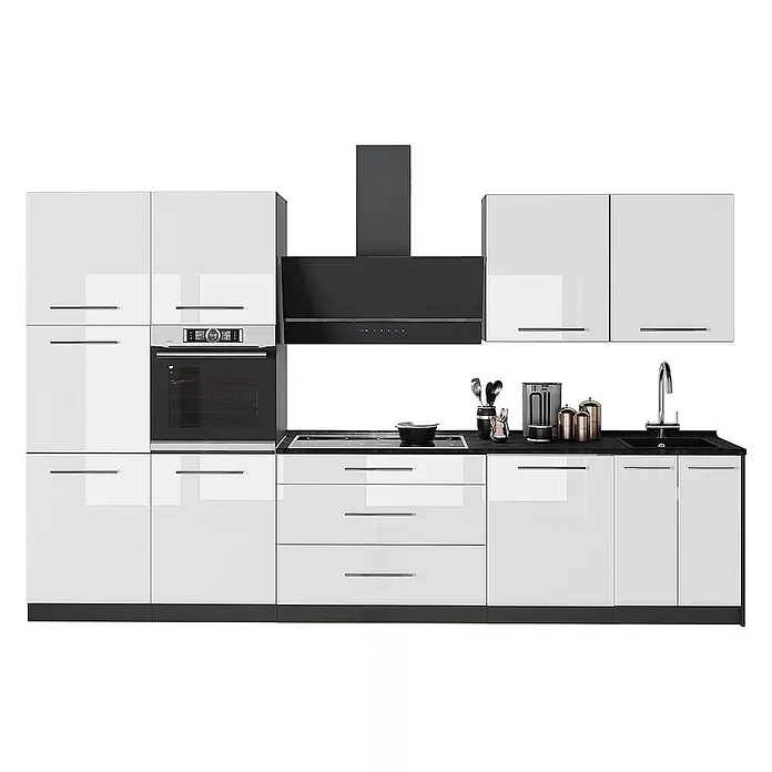 Vicco Küchenzeile - Breite: 340 cm, Weiß Hochglanz, Ohne Elektrogeräte - Moderne Küchenzeile mit weißen Hochglanzschränken, schwarzer Arbeitsplatte, Einbauofen, Kochfeld, Spüle und Dunstabzugshaube.