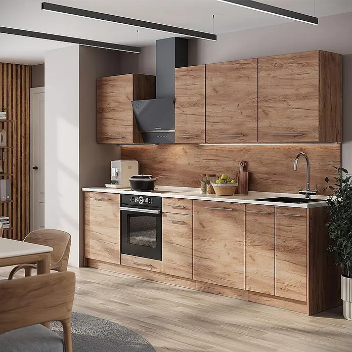 Küchenzeile Fame-Line 280 cm Goldkraft Eiche Art.-Nr. 64196 -  - Moderne Küchenzeile mit Holzdekor-Fronten, weißer Arbeitsplatte, integriertem Backofen und Spüle.