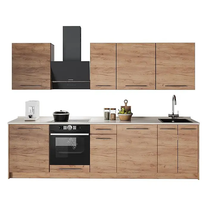 Küchenzeile Fame-Line 280 cm Goldkraft Eiche Art.-Nr. 64196 -  - Komplette Küchenzeile mit hellbraunen Holzmaserungsschränken, schwarzem Backofen, Kochfeld, Spüle und Dunstabzugshaube.