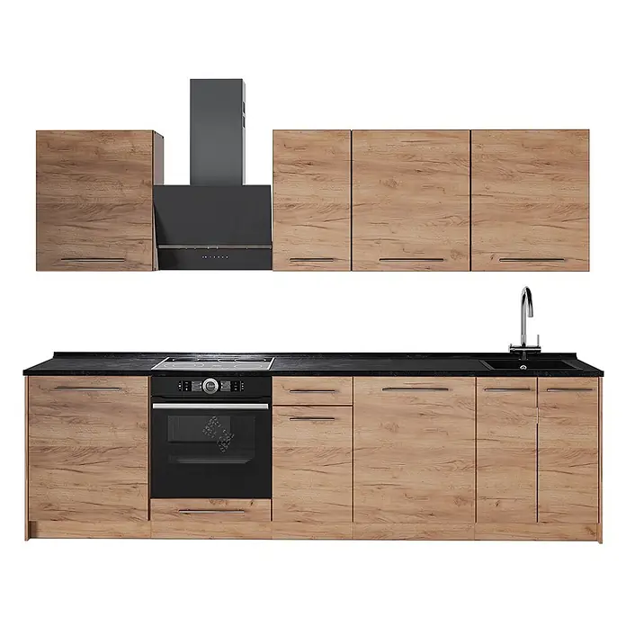 Küchenzeile Fame-Line 280 cm Goldkraft Eiche Art.-Nr. 64196 -  - Moderne Küche in heller Holzoptik mit schwarzer Arbeitsplatte, integriertem Backofen, Kochfeld, Spüle und Dunstabzugshaube.