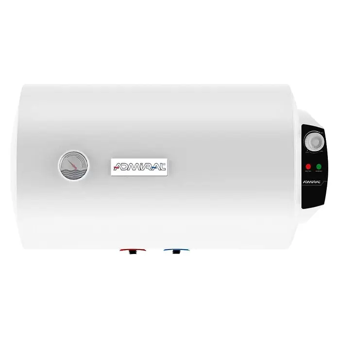 Admiral Termo eléctrico horizontal Elba - 80 l, 1.500 W, Montaje en la pared - Calentador de agua eléctrico blanco con indicador de temperatura analógico y panel de control, con el logo 'ADMIRAL'.