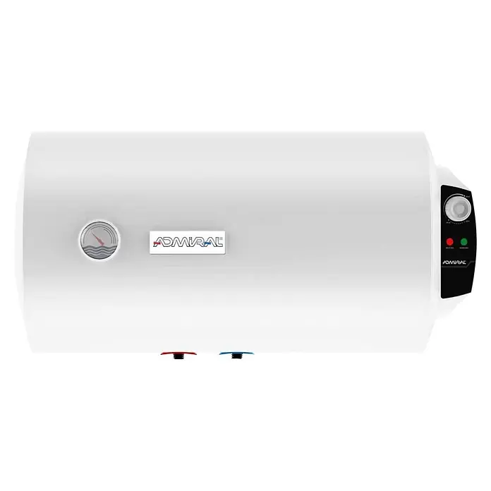 Admiral Termo eléctrico horizontal Elba - 100 l, 1.500 W, Montaje en la pared - Calentador de agua eléctrico horizontal blanco con termómetro, panel de control y conectores rojos/azules.