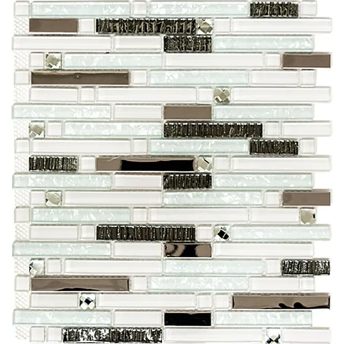Mosaikfliese Crystal Mix - 29,8 x 33,8 cm, Weiß, Glänzend - Ein faszinierendes Mosaik aus Glas und Stein in Weiß-, Braun- und Grautönen, das ein luxuriöses Ambiente für jeden Raum schafft.