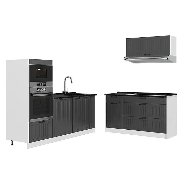 Vicco Küchenzeile - Breite: 340 cm, Dunkelgrau, Ohne Elektrogeräte - Modulare Küchenzeile mit dunkelgrauen gerippten Schränken, schwarzen Arbeitsplatten, silberner Armatur, Einbaubackofen, Mikrowelle und Dunstabzugshaube.