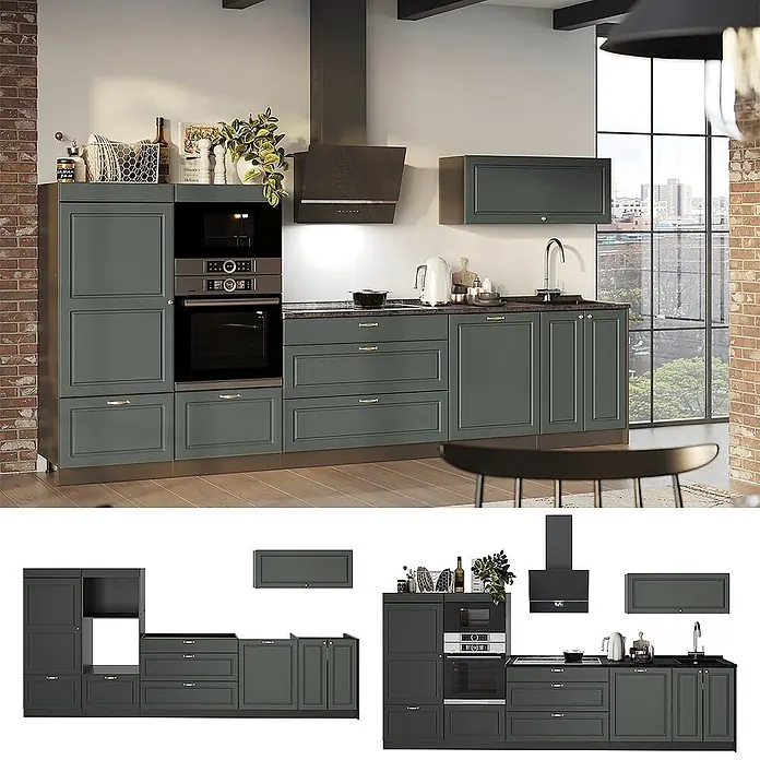 Vicco Küchenzeile - Breite: 340 cm, Grün-Gold Landhaus, Ohne Elektrogeräte - Dunkelgrüne Küchenschrank-Garnitur mit integrierten Geräten, präsentiert ein modernes Küchendesign.