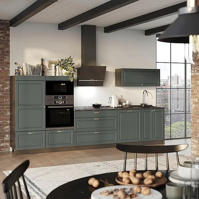 Vicco Küchenzeile - Breite: 340 cm, Grün-Gold Landhaus, Ohne Elektrogeräte - Elegante dunkelgraue Shaker-Küche mit integriertem Backofen und Mikrowelle.