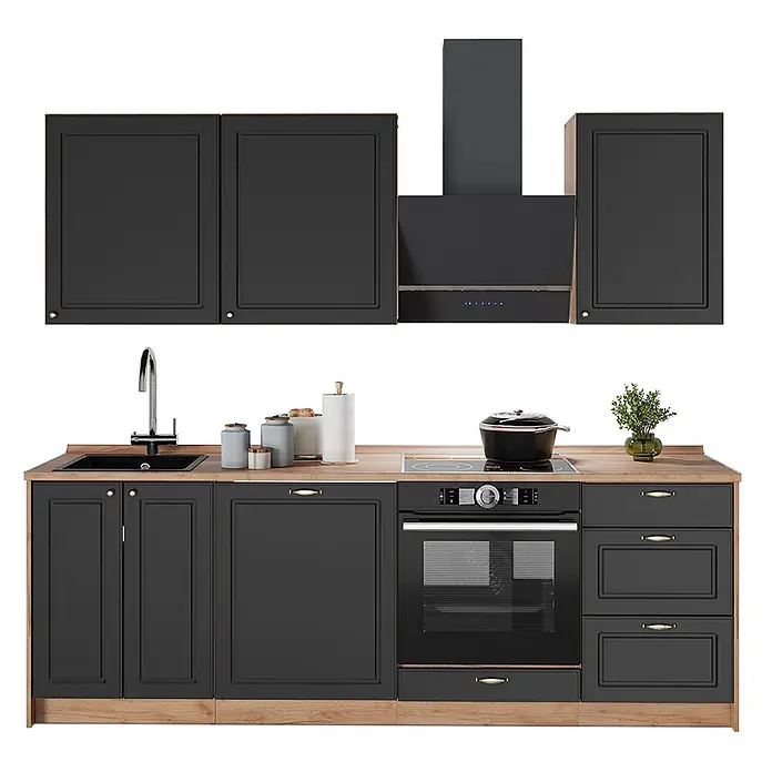 Vicco Küchenzeile Fame-Line, Anthrazit-Gold Landhaus/Eiche, 230 cm -  - Schwarze Küchenschränke und Geräte mit heller Holzplatte, Spüle, Kochfeld, Backofen und Dunstabzugshaube.