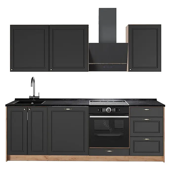 Vicco Küchenzeile Fame-Line, Anthrazit-Gold Landhaus/Eiche, 230 cm -  - Dunkelgraue modulare Küchenzeile mit Holzdekor-Sockel, bestehend aus Oberschränken, Dunstabzugshaube, Spüle, Kochfeld, Backofen und Unterschränken mit Schubladen.