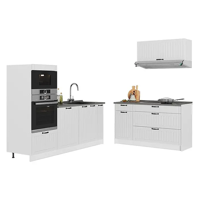 Vicco Küchenzeile - Weiß Landhaus, Ohne Elektrogeräte - Weiße Küchenzeile mit Backofenmodul, Spüle, Schränken, grauen Arbeitsplatten und schwarzen Griffen.