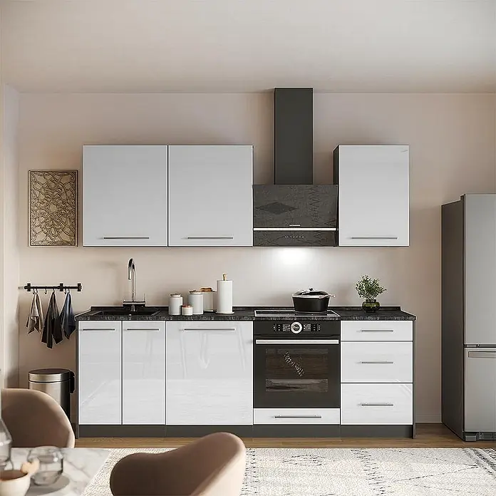 Vicco Küchenzeile - Breite: 230 cm, Weiß Hochglanz, Ohne Elektrogeräte - Moderne Küchenzeile mit weißen Hochglanzschränken, schwarzen Arbeitsplatten, integriertem Ofen, Kochfeld und Dunstabzugshaube. Mit Spüle und Kühlschrank.