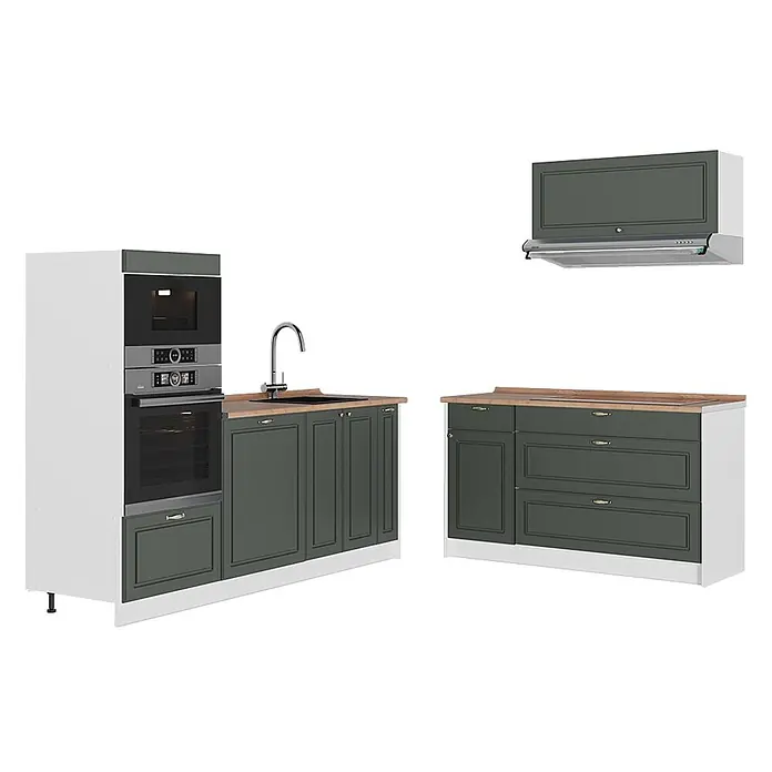 Vicco Küchenzeile - Breite: 340 cm, Grün-Gold Landhaus, Ohne Elektrogeräte - Moderne dunkelgrau-grüne Küchenzeile mit Holz-Arbeitsplatten, integriertem Backofen, Mikrowelle, Spüle und Wandhaube.