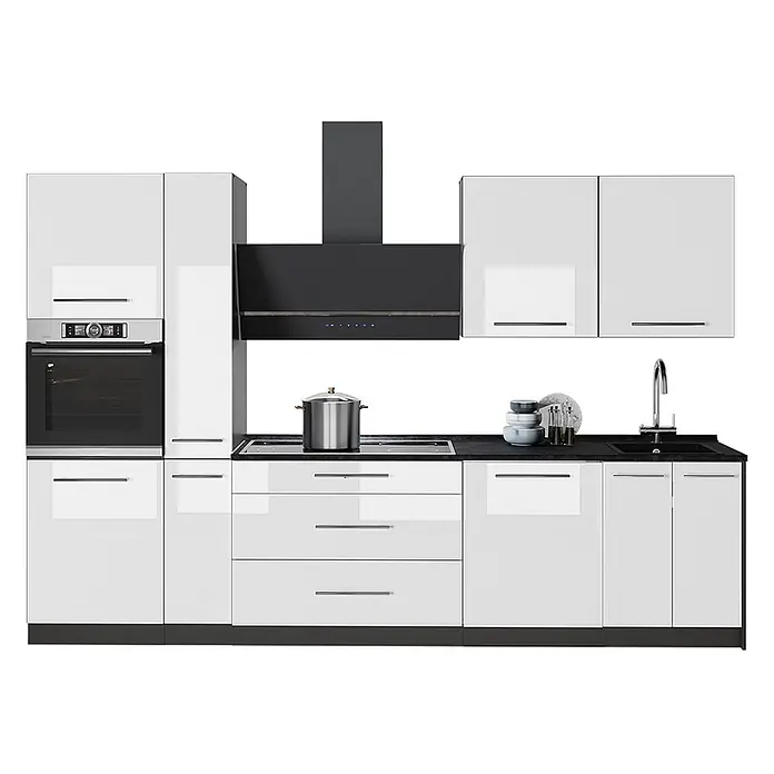 Vicco Küchenzeile - Breite: 310 cm, Weiß Hochglanz, Ohne Elektrogeräte - Moderne Hochglanz-Küche in Weiß mit schwarzer Arbeitsplatte, Backofen, Kochfeld, Spüle und Dunstabzugshaube.